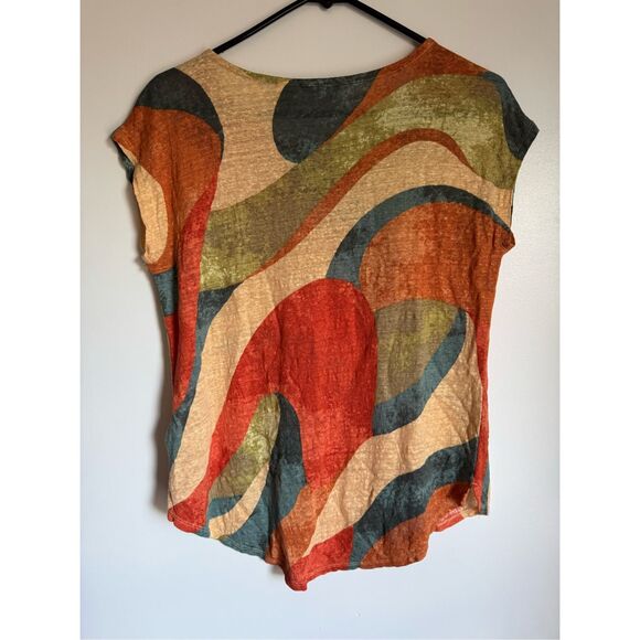 Rachel Zoe 100% linen geometric cap sleeve blouse sz S‎ beachy artsy boho - Picture 3 of 5